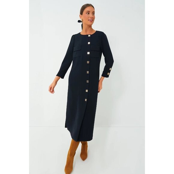Tuckernuck Navy Blue Barnett Long Sleeve Midi Dress, Size L arge NEW $298